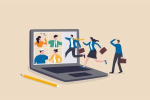 Hybrid work, remotely work from home virtually or work in office onsite, flexible for employee benefit concept, businessman and his colleague virtually get into the computer laptop conference meeting.